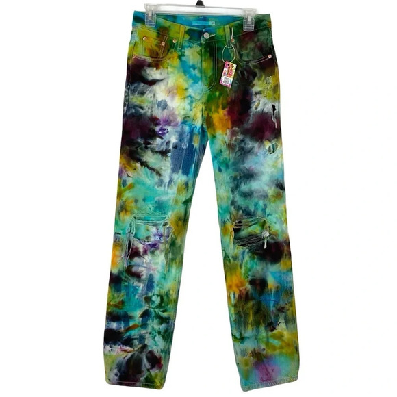 Levis Low Pro Straight Jeans Custom Tie Dye Womens Waist 26 XS Green Blue Levi’s - Picture 2 of 15